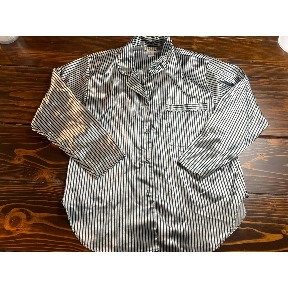 Labeaux PJ Shirt, Womens Size Medium, Silver Black, Striped, Vintage, Pajama Top